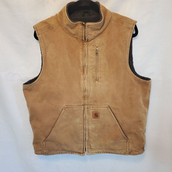 Carhartt Brown Duck Sherpa-lined Vest V33-211 Size Large Tall Faded Distressed - Picture 1 of 12
